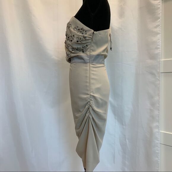 BEBE beige hand beaded one shoulder cutout ruched mini dress Sz M NWT 🔥 - Picture 3 of 11